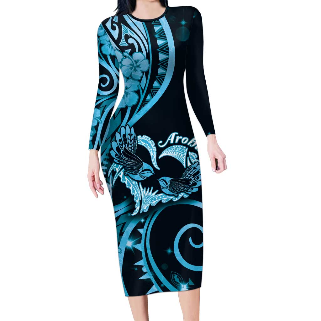 New Zealand Valentine Long Sleeve Bodycon Dress Aroha Cyan Piwakawaka