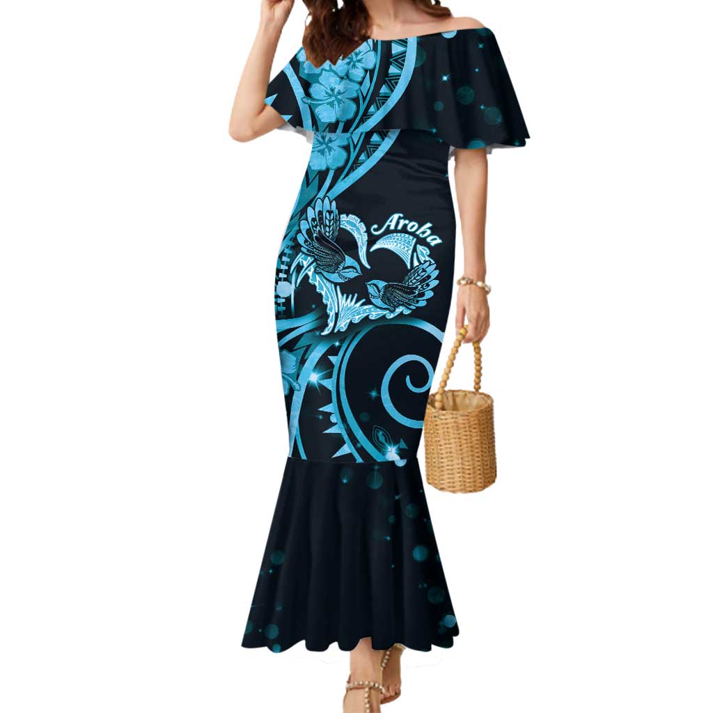 New Zealand Valentine Mermaid Dress Aroha Cyan Piwakawaka