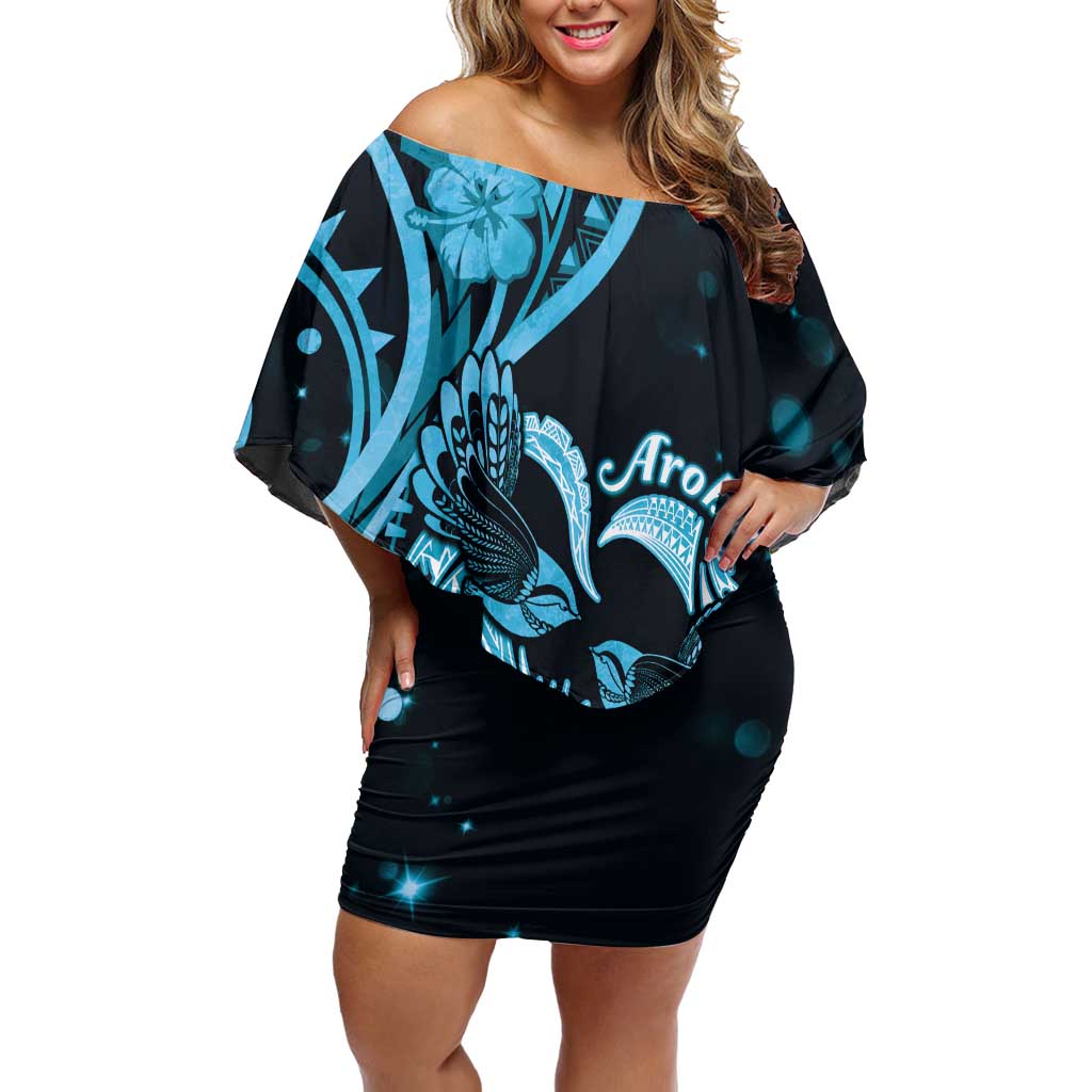 New Zealand Valentine Off Shoulder Short Dress Aroha Cyan Piwakawaka