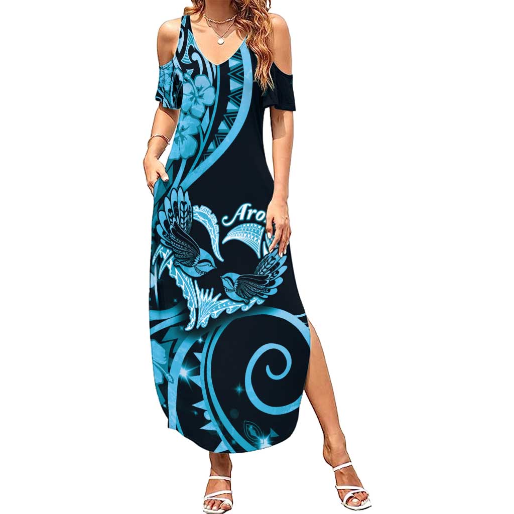 New Zealand Valentine Summer Maxi Dress Aroha Cyan Piwakawaka