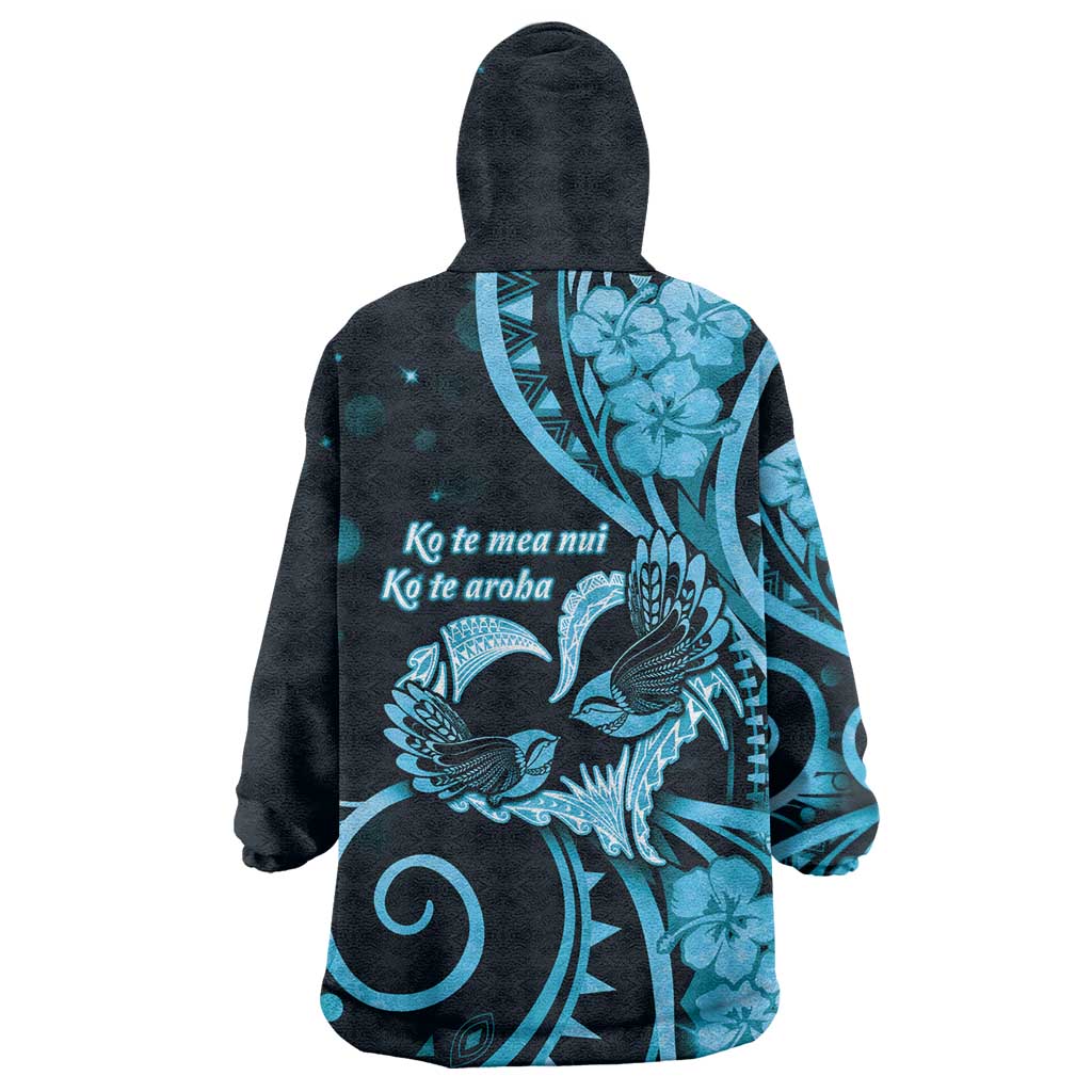 New Zealand Valentine Wearable Blanket Hoodie Aroha Cyan Piwakawaka