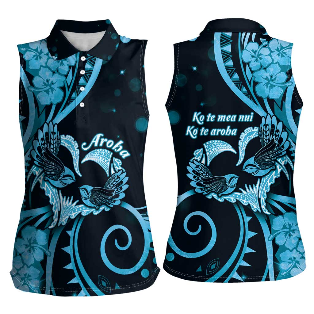 New Zealand Valentine Women Sleeveless Polo Shirt Aroha Cyan Piwakawaka LT05 - Polynesian Pride