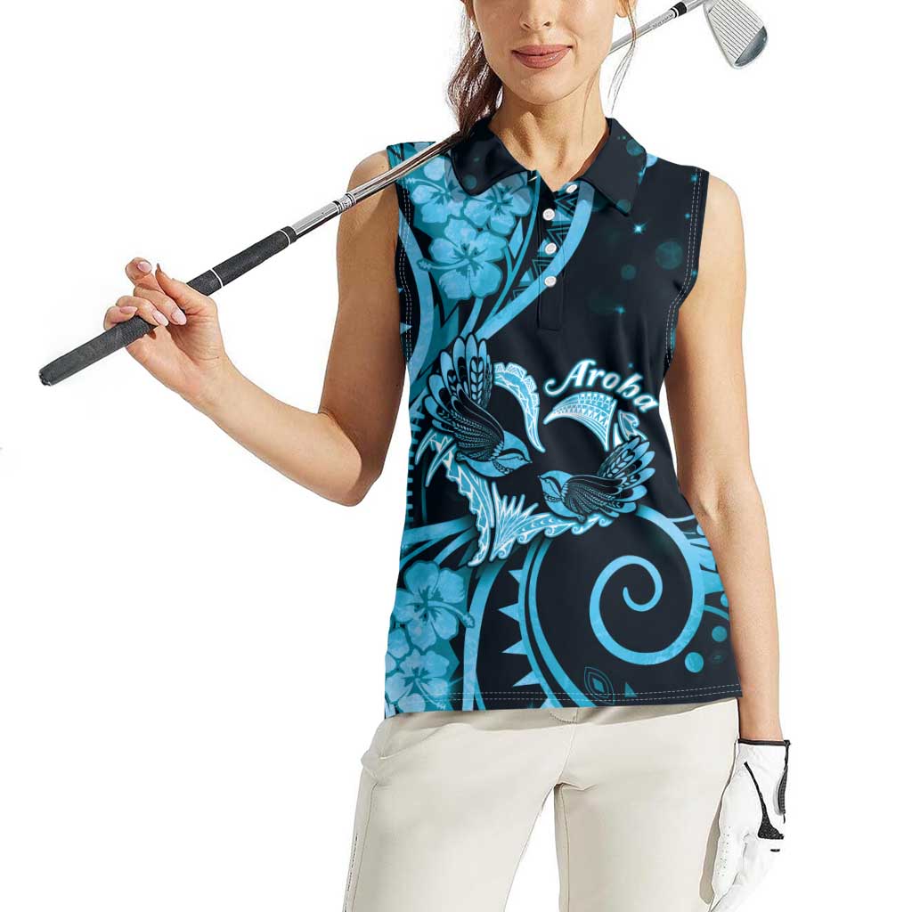 New Zealand Valentine Women Sleeveless Polo Shirt Aroha Cyan Piwakawaka LT05 - Polynesian Pride