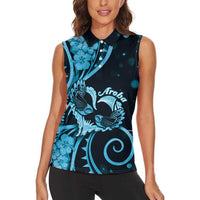 New Zealand Valentine Women Sleeveless Polo Shirt Aroha Cyan Piwakawaka LT05 - Polynesian Pride