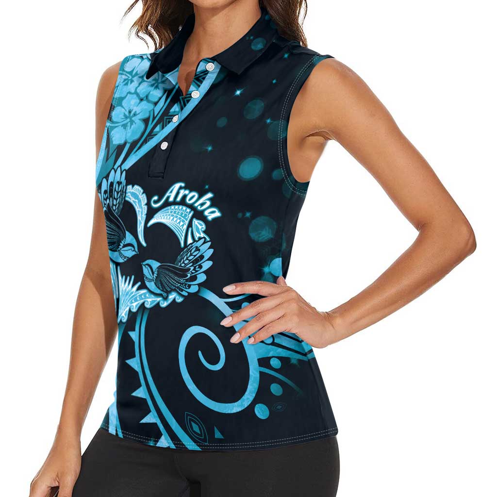 New Zealand Valentine Women Sleeveless Polo Shirt Aroha Cyan Piwakawaka LT05 - Polynesian Pride