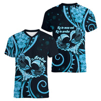 New Zealand Valentine Women V-Neck T-Shirt Aroha Cyan Piwakawaka LT05 - Polynesian Pride