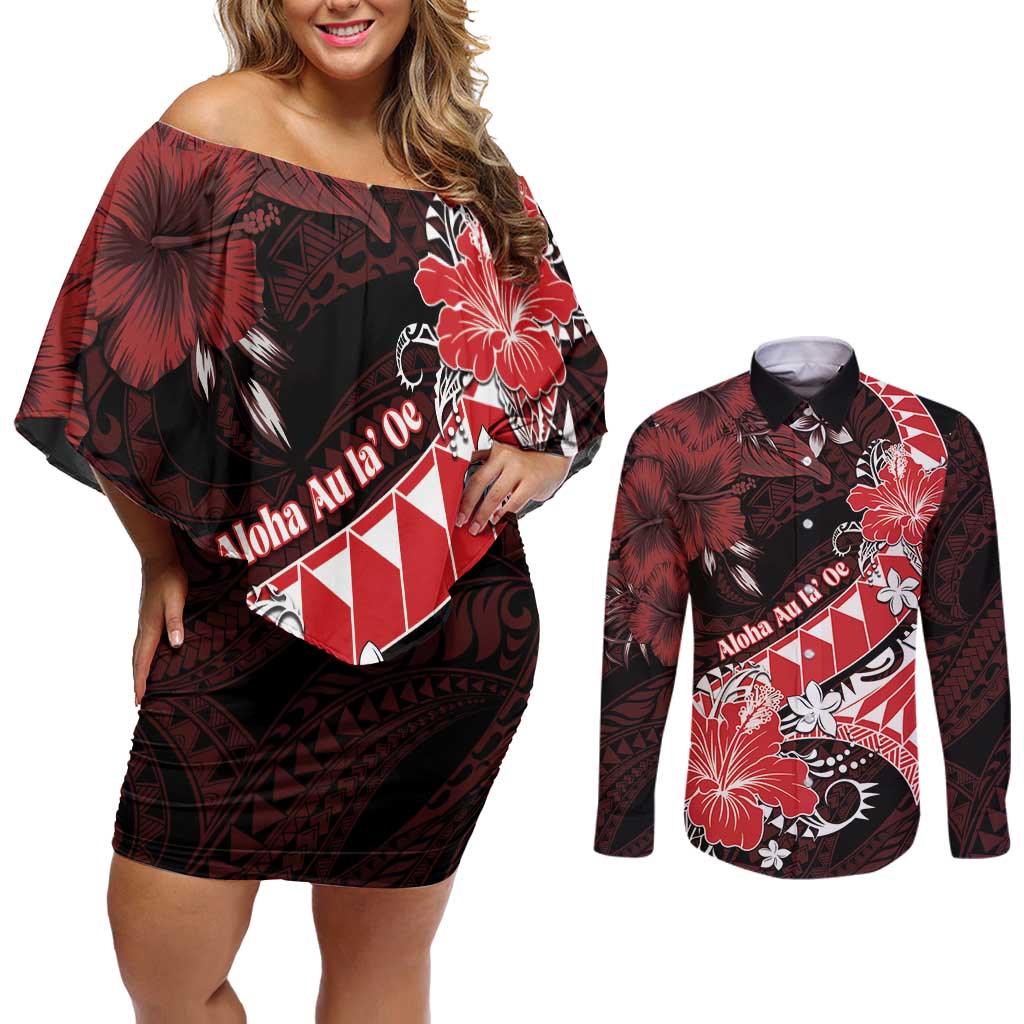 Personalised Hawaii Valentine Day Couples Matching Off Shoulder Short Dress and Long Sleeve Button Shirt Polynesian Hibiscus Art Style Red