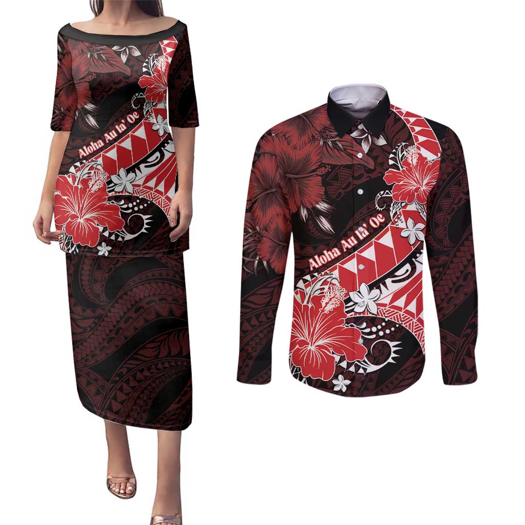 Personalised Hawaii Valentine Day Couples Matching Puletasi and Long Sleeve Button Shirt Polynesian Hibiscus Art Style Red