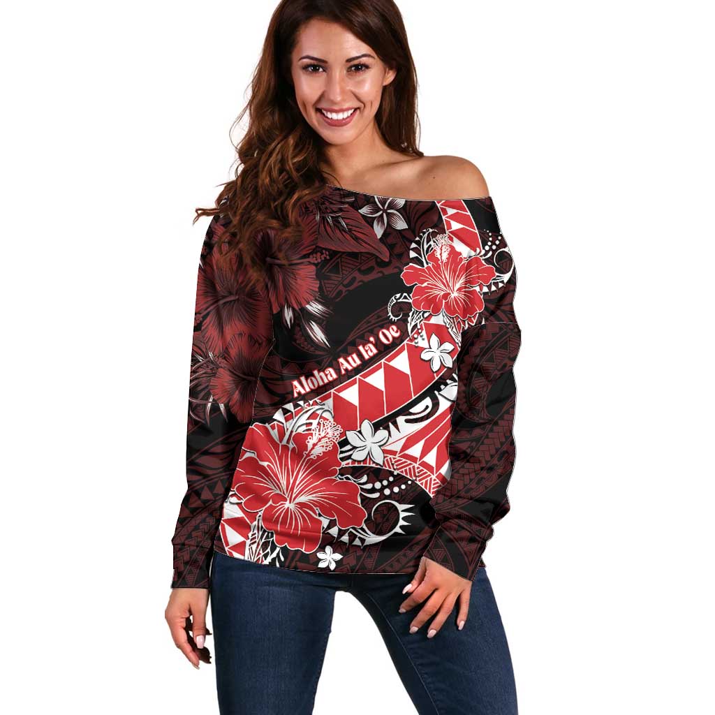 Personalised Hawaii Valentine Day Off Shoulder Sweater Polynesian Hibiscus Art Style Red