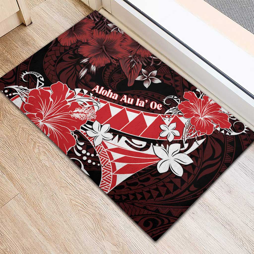 Hawaii Valentine Day Rubber Doormat Polynesian Hibiscus Art Style Red
