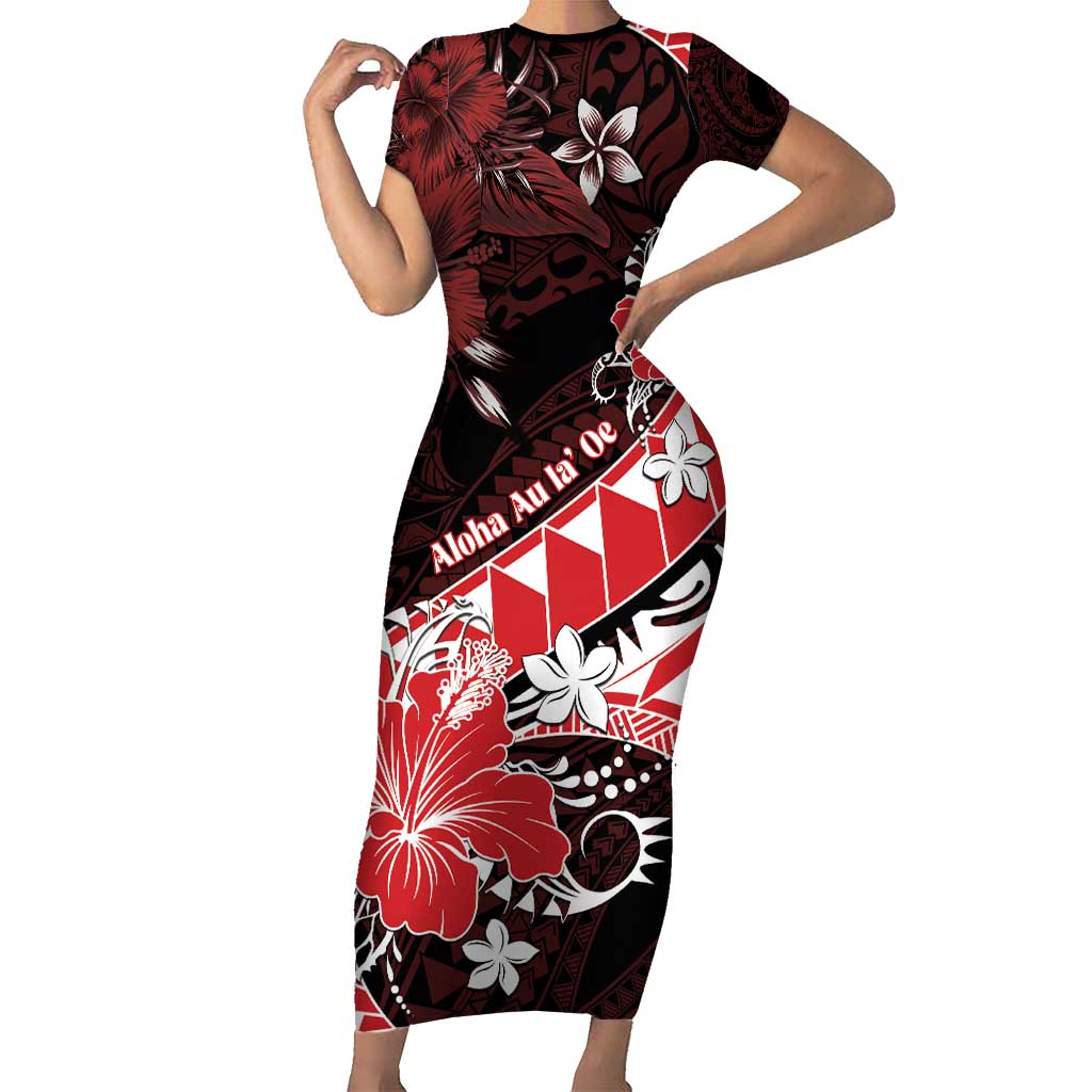 Personalised Hawaii Valentine Day Short Sleeve Bodycon Dress Polynesian Hibiscus Art Style Red