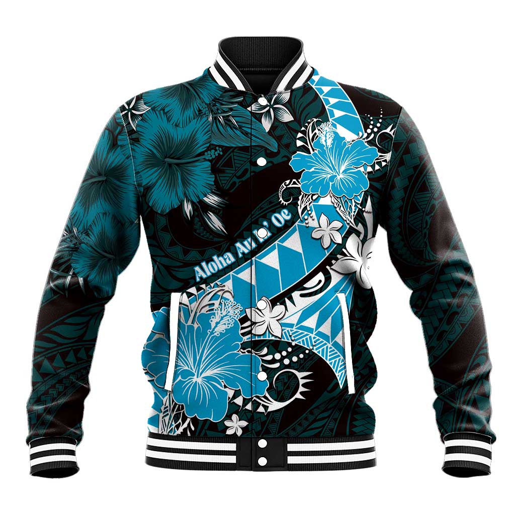 Personalised Hawaii Valentine Day Baseball Jacket Polynesian Hibiscus Art Style Turquoise