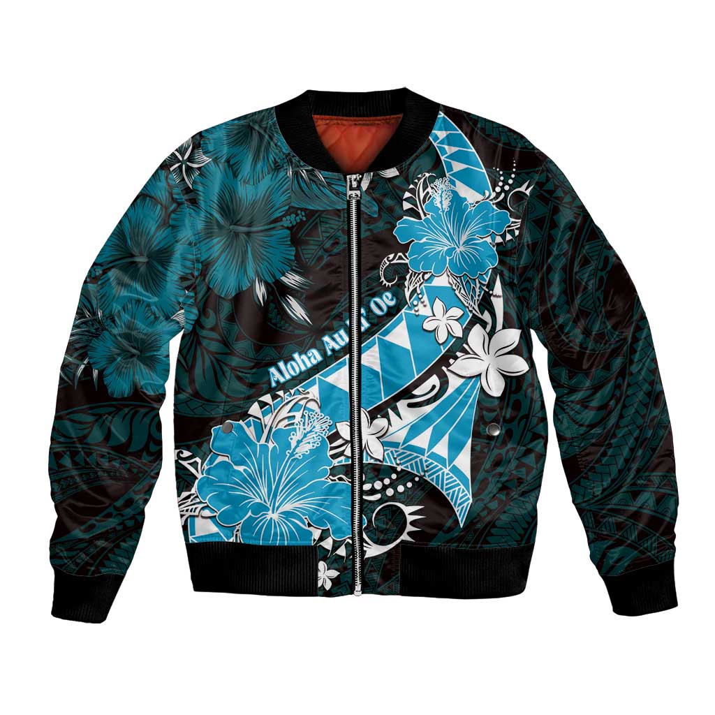 Personalised Hawaii Valentine Day Bomber Jacket Polynesian Hibiscus Art Style Turquoise