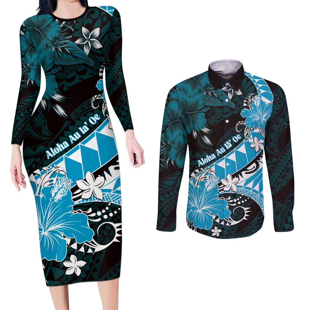 Personalised Hawaii Valentine Day Couples Matching Long Sleeve Bodycon Dress and Long Sleeve Button Shirt Polynesian Hibiscus Art Style Turquoise