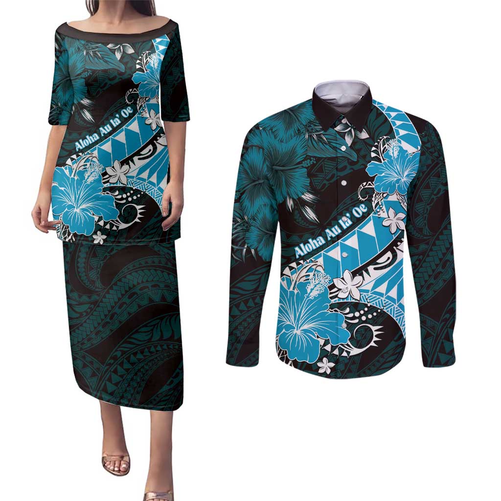 Personalised Hawaii Valentine Day Couples Matching Puletasi and Long Sleeve Button Shirt Polynesian Hibiscus Art Style Turquoise