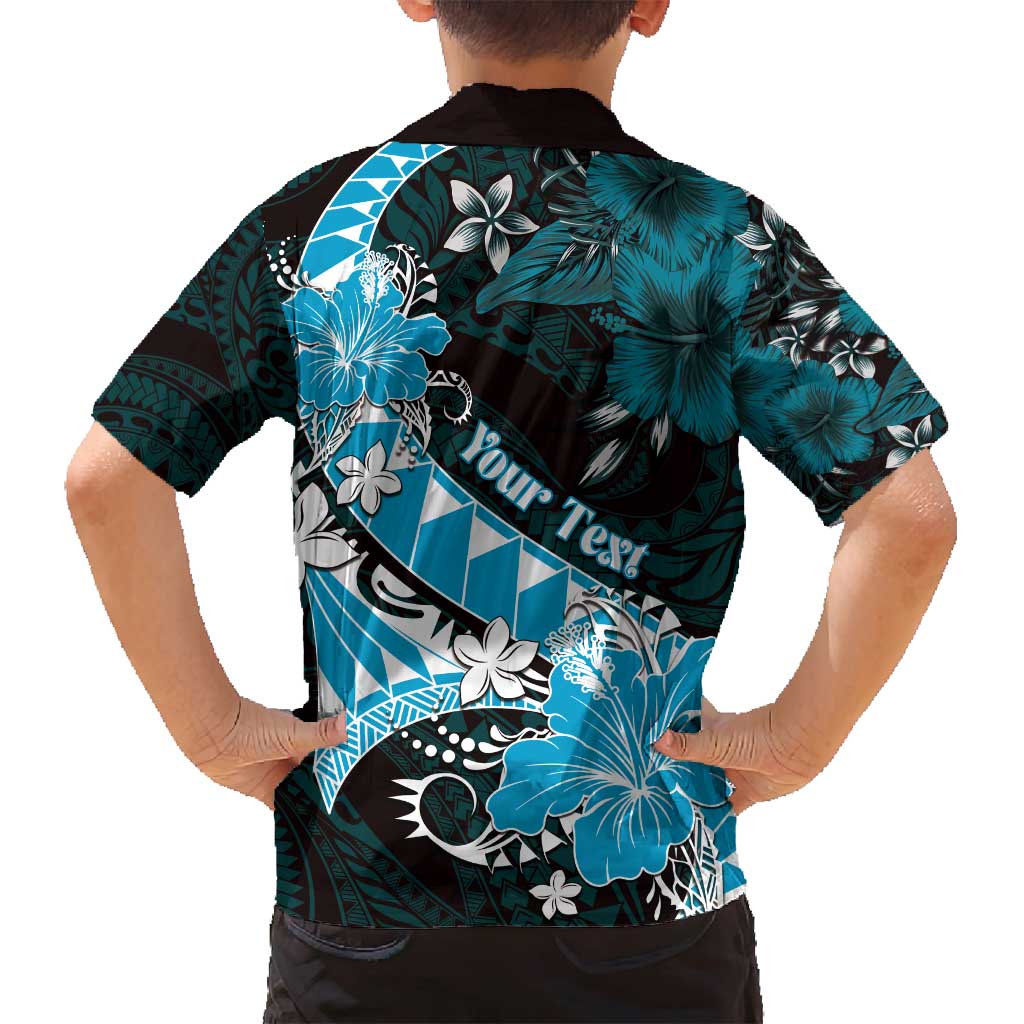 Personalised Hawaii Valentine Day Family Matching Long Sleeve Bodycon Dress and Hawaiian Shirt Polynesian Hibiscus Art Style Turquoise