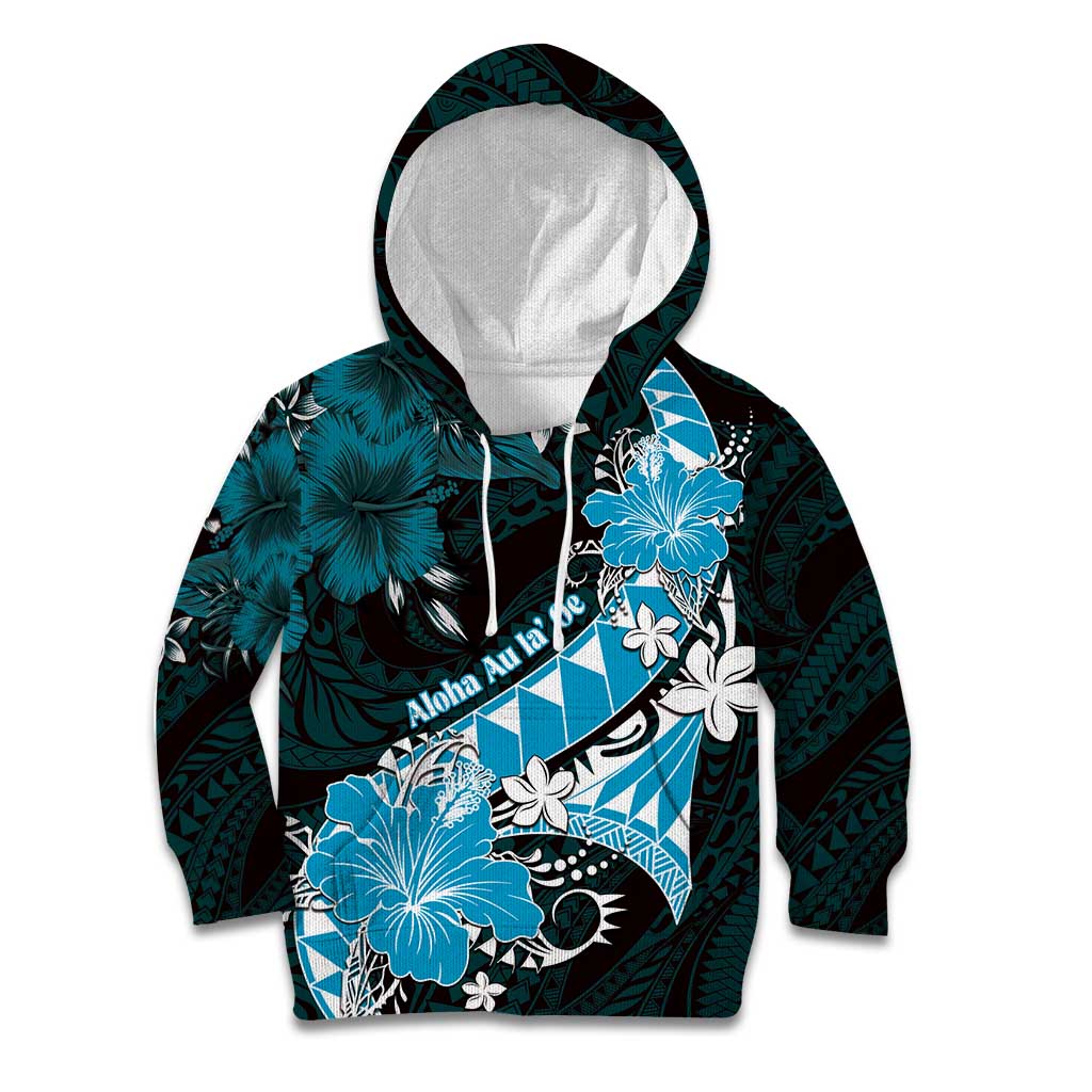 Personalised Hawaii Valentine Day Kid Hoodie Polynesian Hibiscus Art Style Turquoise