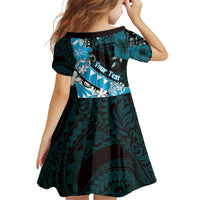 Personalised Hawaii Valentine Day Kid Short Sleeve Dress Polynesian Hibiscus Art Style Turquoise
