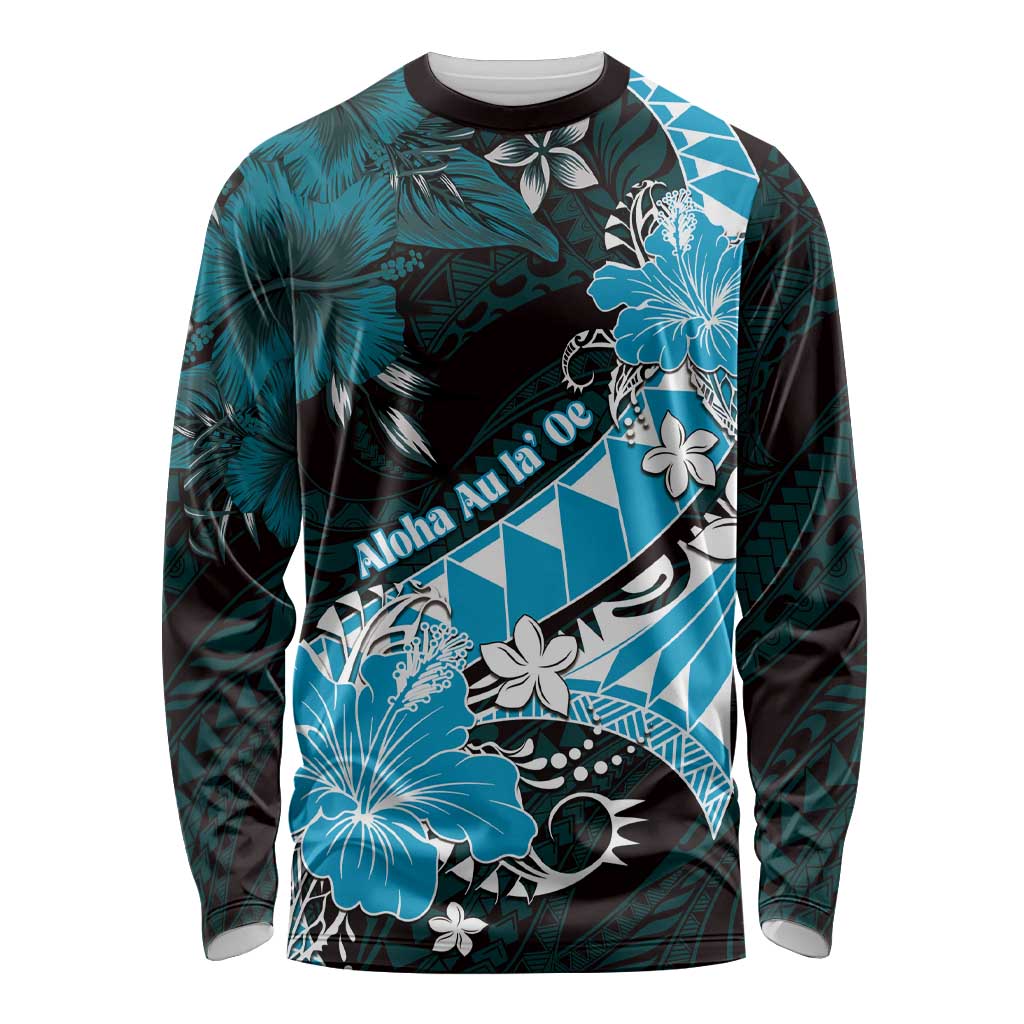 Personalised Hawaii Valentine Day Long Sleeve Shirt Polynesian Hibiscus Art Style Turquoise