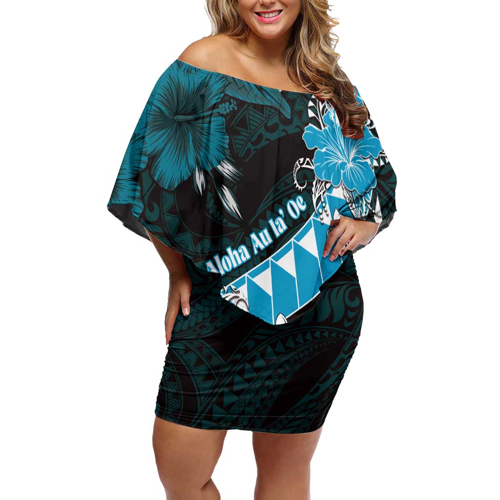 Personalised Hawaii Valentine Day Off Shoulder Short Dress Polynesian Hibiscus Art Style Turquoise