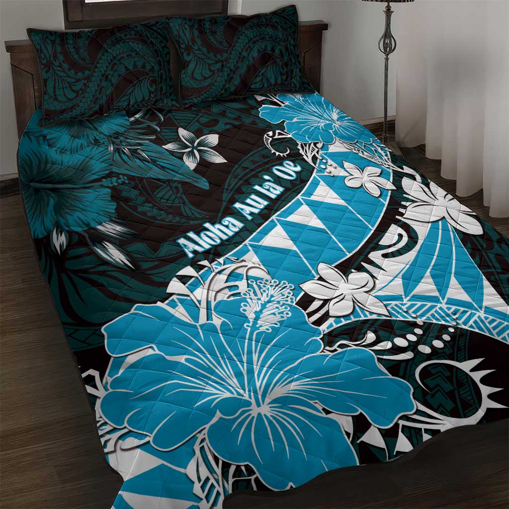 Hawaii Valentine Day Quilt Bed Set Polynesian Hibiscus Art Style Turquoise