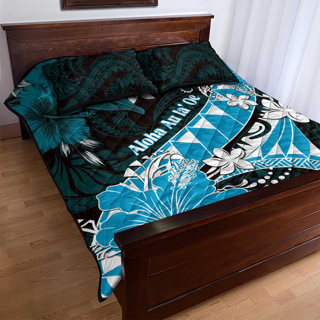 Hawaii Valentine Day Quilt Bed Set Polynesian Hibiscus Art Style Turquoise
