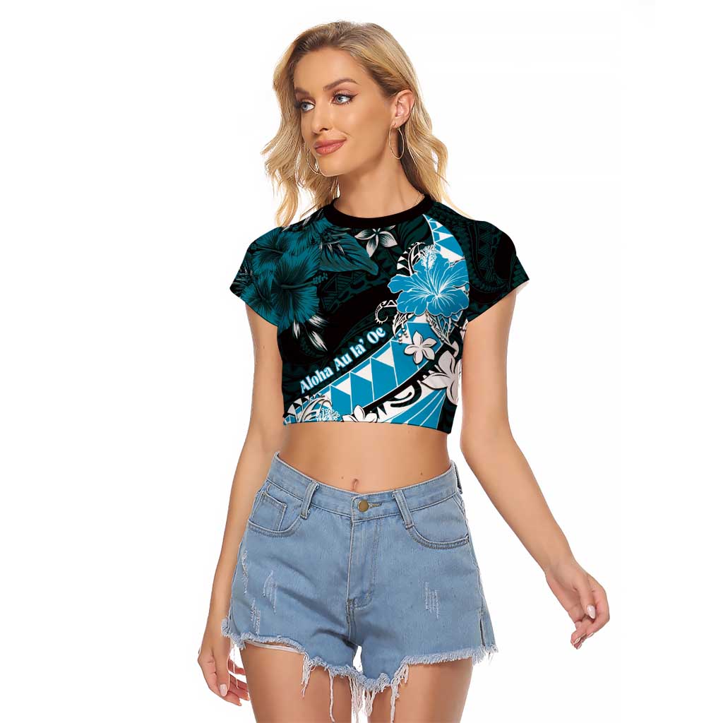 Personalised Hawaii Valentine Day Raglan Cropped T Shirt Polynesian Hibiscus Art Style Turquoise