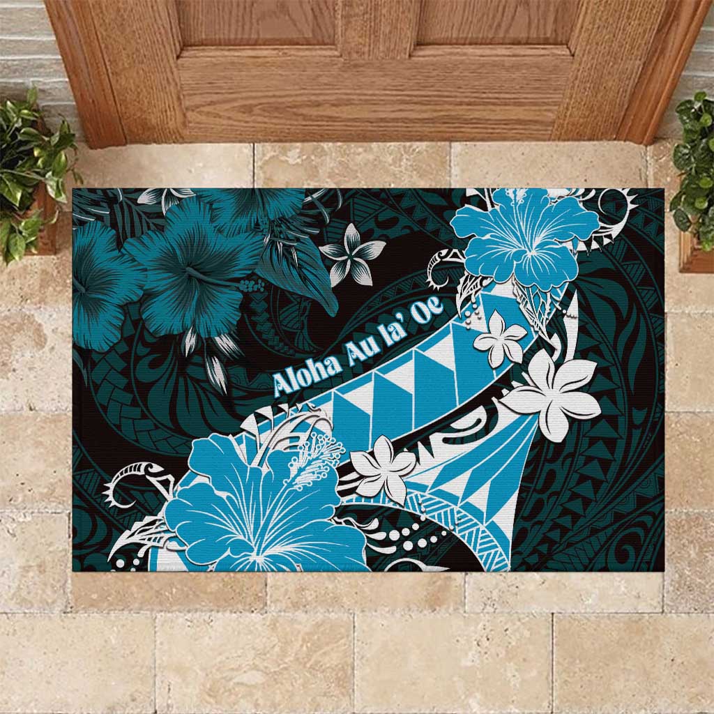 Hawaii Valentine Day Rubber Doormat Polynesian Hibiscus Art Style Turquoise