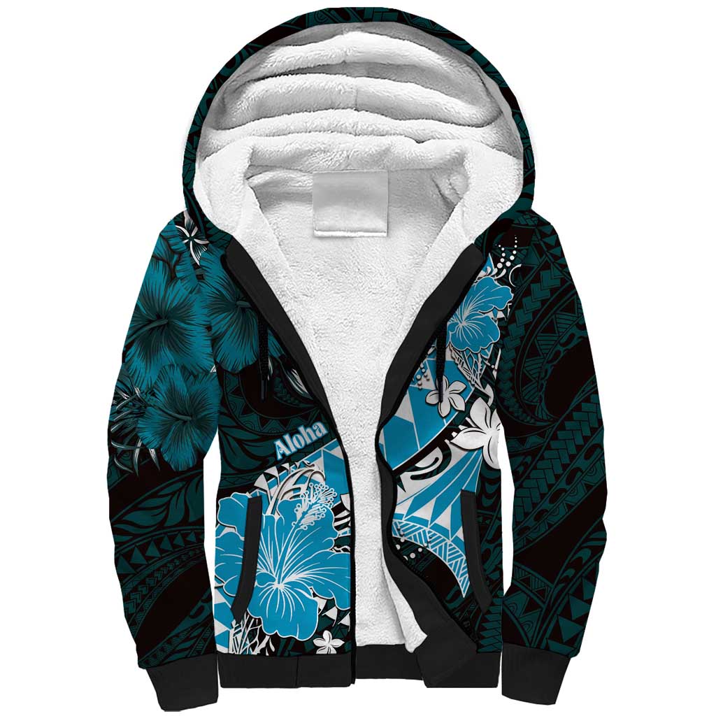 Personalised Hawaii Valentine Day Sherpa Hoodie Polynesian Hibiscus Art Style Turquoise