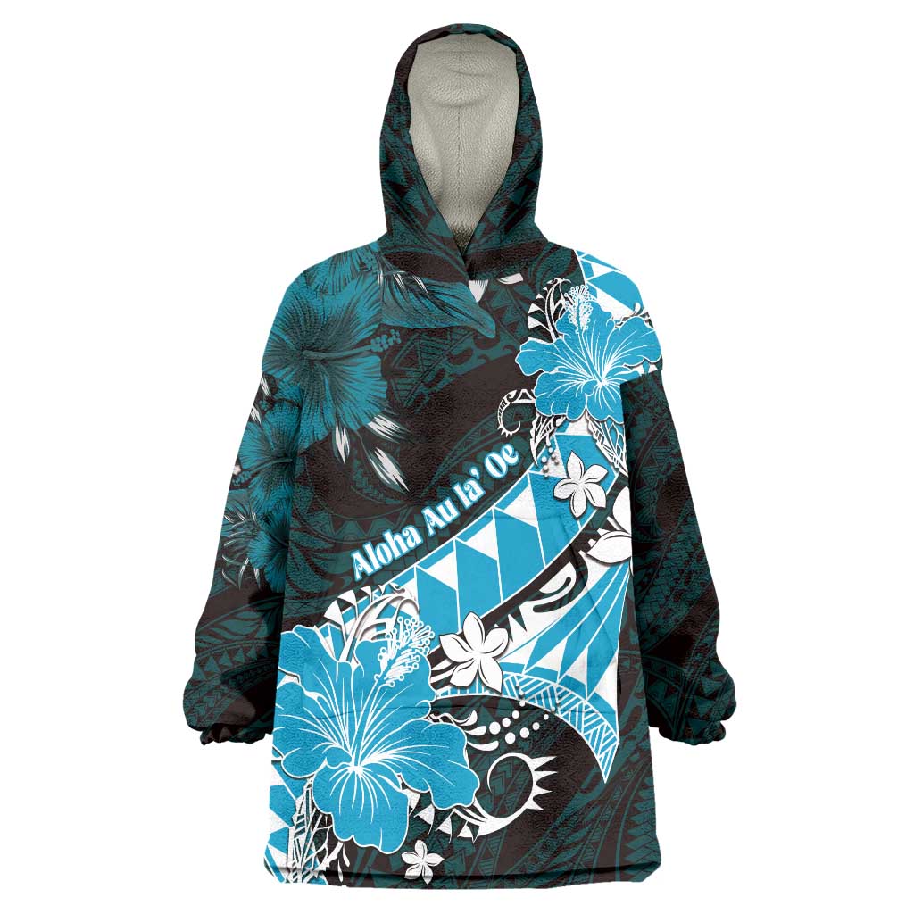 Personalised Hawaii Valentine Day Wearable Blanket Hoodie Polynesian Hibiscus Art Style Turquoise