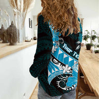 Personalised Hawaii Valentine Day Women Casual Shirt Polynesian Hibiscus Art Style Turquoise