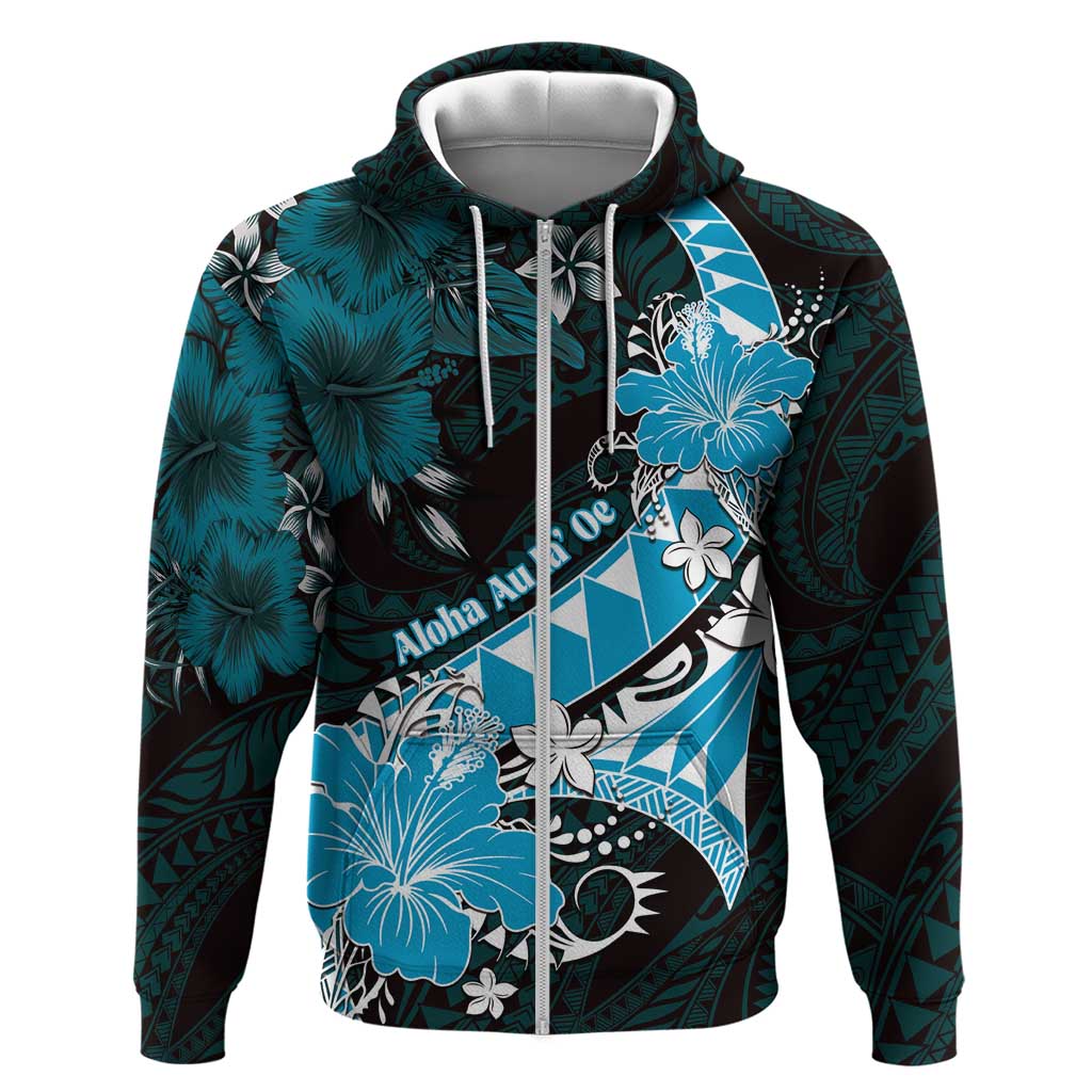 Personalised Hawaii Valentine Day Zip Hoodie Polynesian Hibiscus Art Style Turquoise