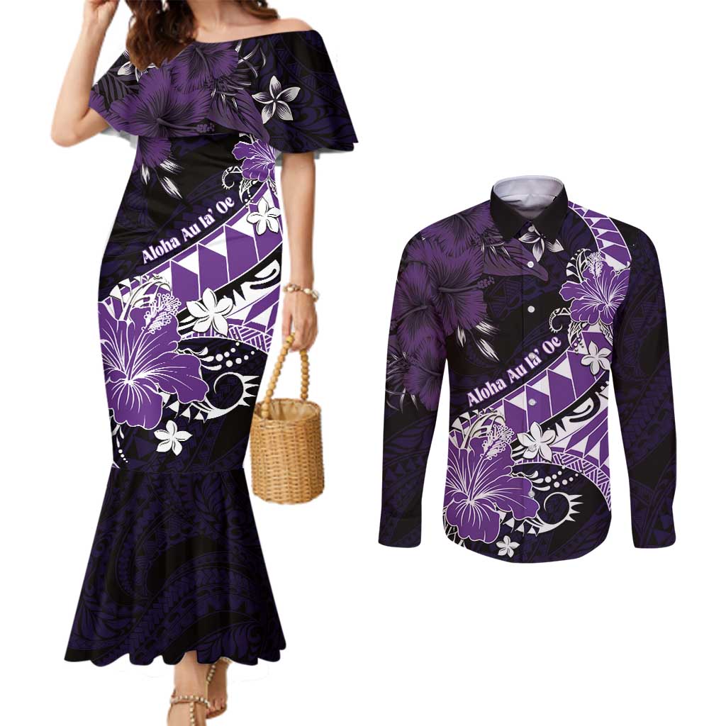 Personalised Hawaii Valentine Day Couples Matching Mermaid Dress and Long Sleeve Button Shirt Polynesian Hibiscus Art Style Purple