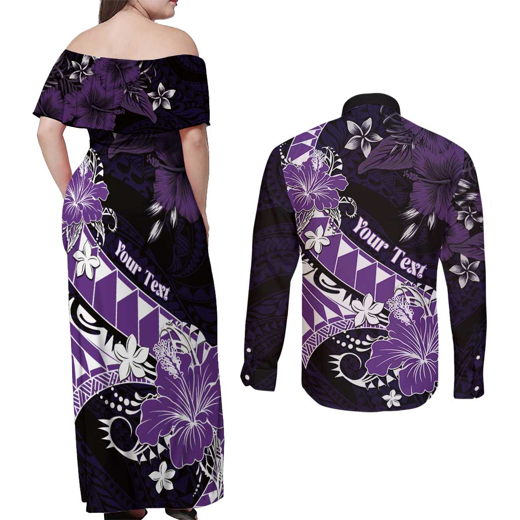 Personalised Hawaii Valentine Day Couples Matching Off Shoulder Maxi Dress and Long Sleeve Button Shirt Polynesian Hibiscus Art Style Purple