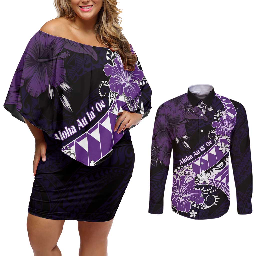 Personalised Hawaii Valentine Day Couples Matching Off Shoulder Short Dress and Long Sleeve Button Shirt Polynesian Hibiscus Art Style Purple