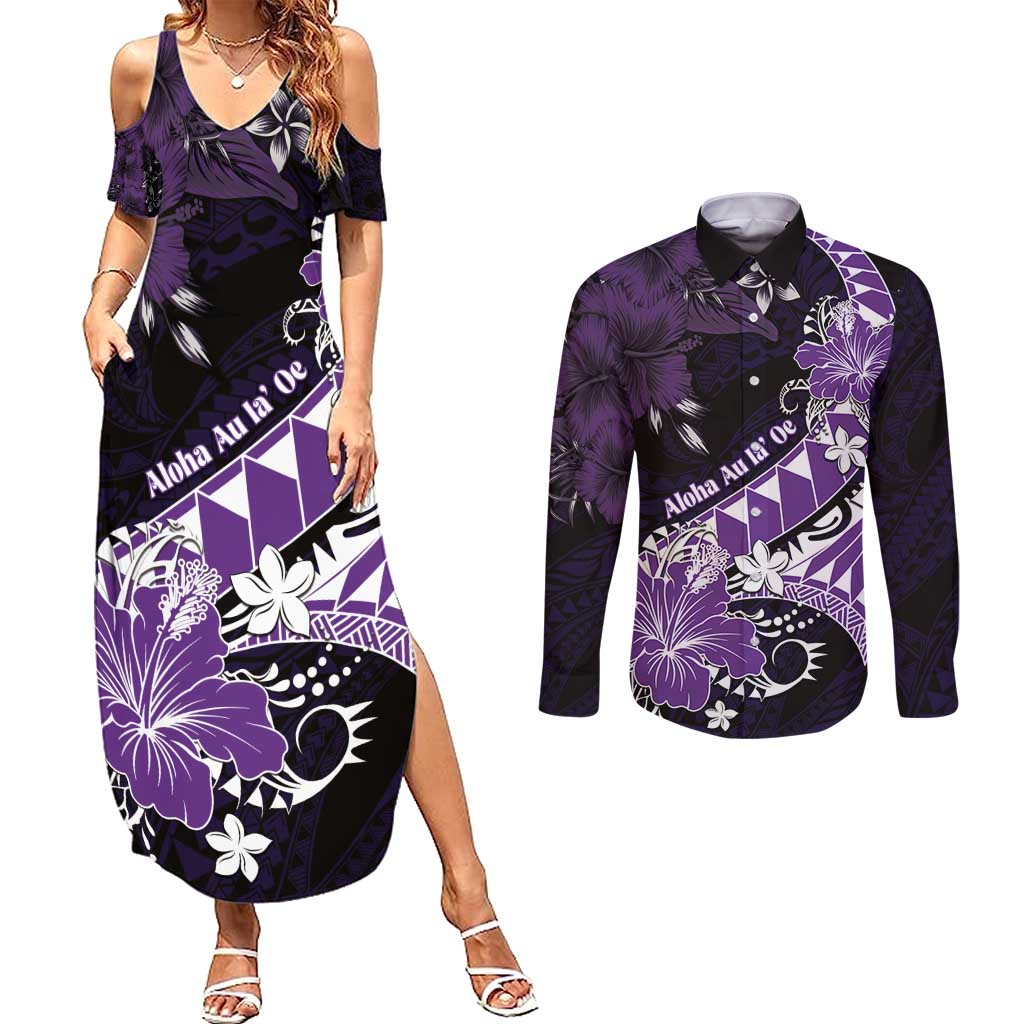 Personalised Hawaii Valentine Day Couples Matching Summer Maxi Dress and Long Sleeve Button Shirt Polynesian Hibiscus Art Style Purple