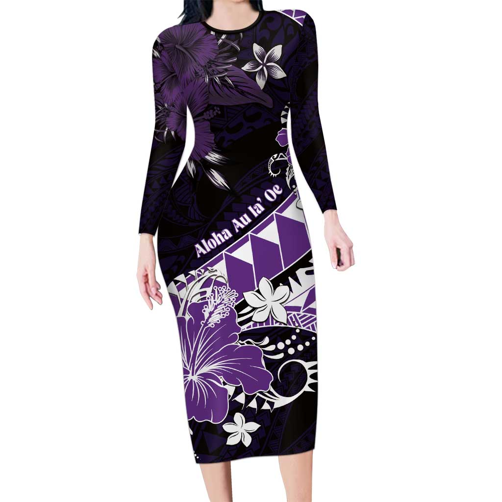 Personalised Hawaii Valentine Day Family Matching Long Sleeve Bodycon Dress and Hawaiian Shirt Polynesian Hibiscus Art Style Purple