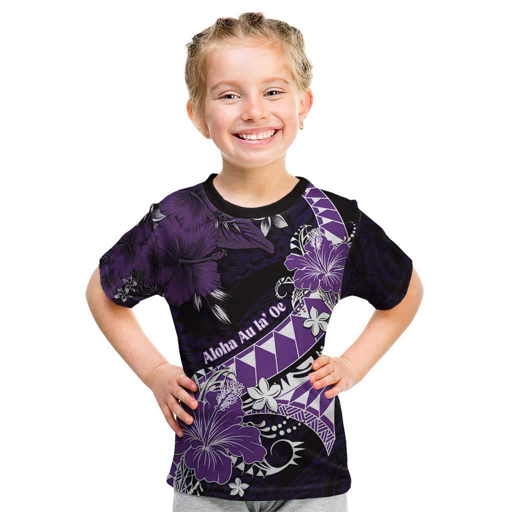 Personalised Hawaii Valentine Day Kid T Shirt Polynesian Hibiscus Art Style Purple