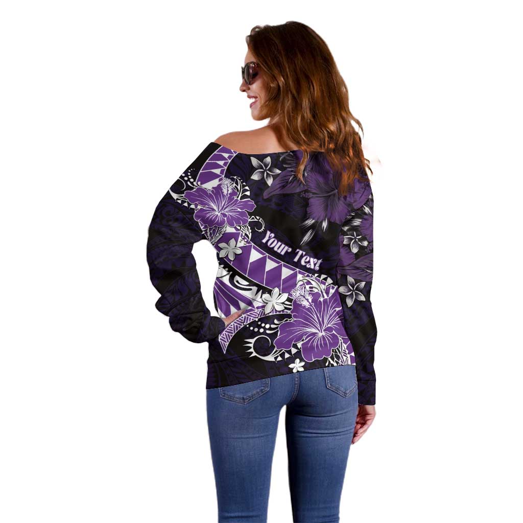 Personalised Hawaii Valentine Day Off Shoulder Sweater Polynesian Hibiscus Art Style Purple