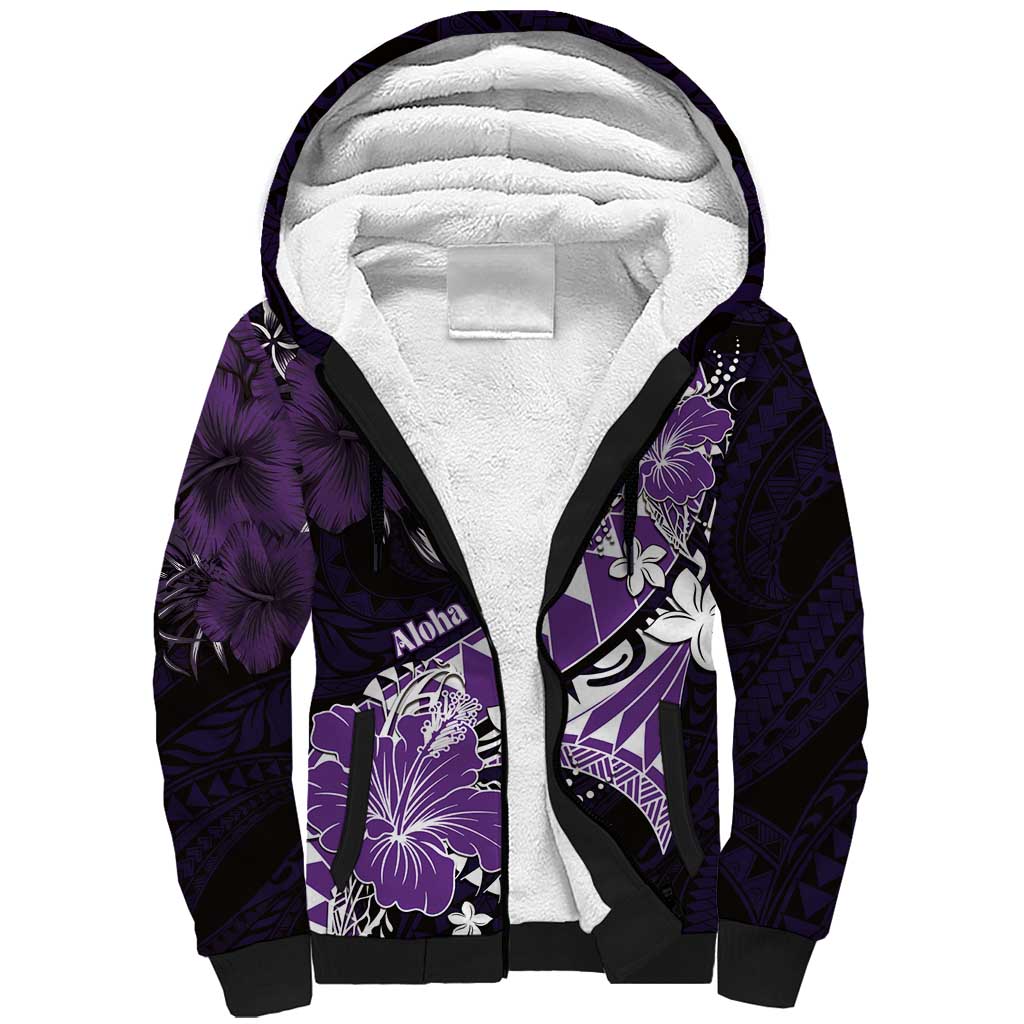 Personalised Hawaii Valentine Day Sherpa Hoodie Polynesian Hibiscus Art Style Purple