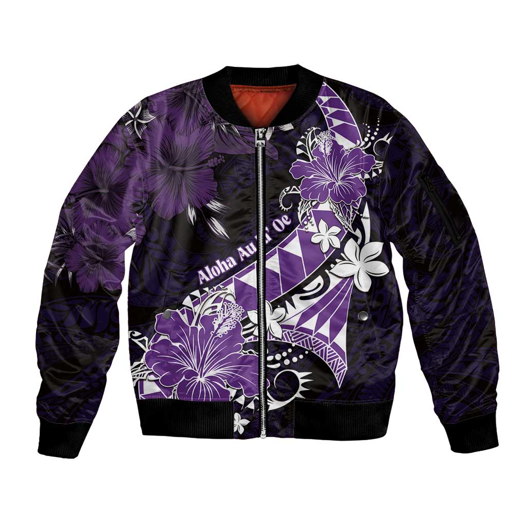 Personalised Hawaii Valentine Day Sleeve Zip Bomber Jacket Polynesian Hibiscus Art Style Purple