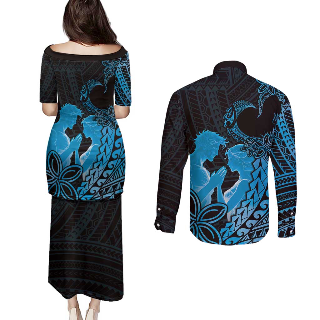 Alofa Samoa Valentine Blue Couples Matching Puletasi and Long Sleeve Button Shirt Love Is The Greatest Thing