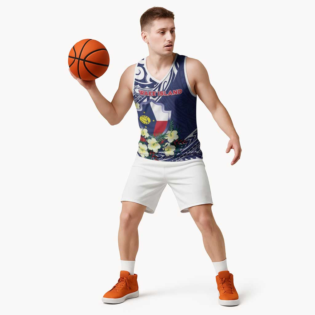 Personalised Wake Island Basketball Jersey Tribal Pattern With Hibiscus Flowers