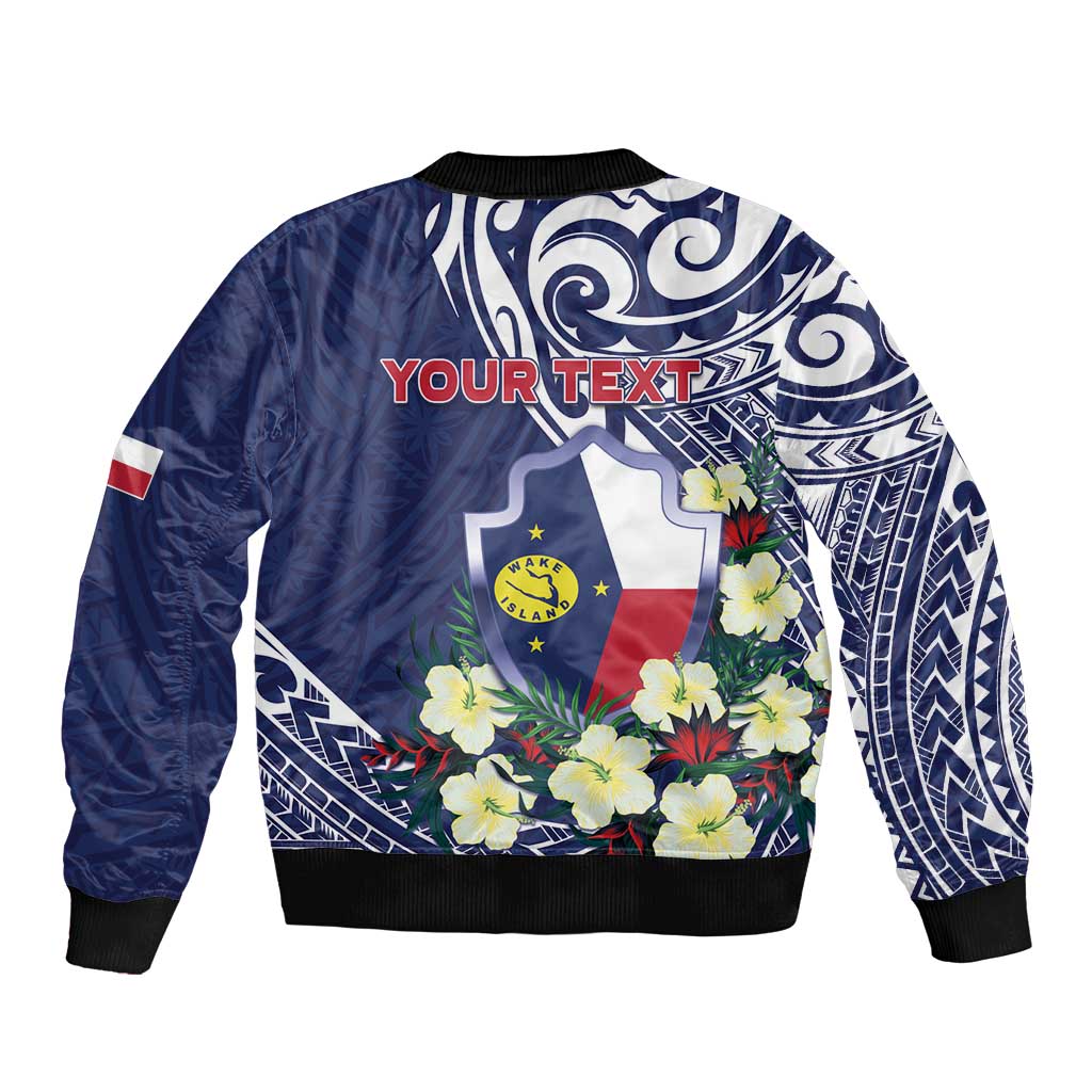 Personalised Wake Island Bomber Jacket Tribal Pattern With Hibiscus Flowers