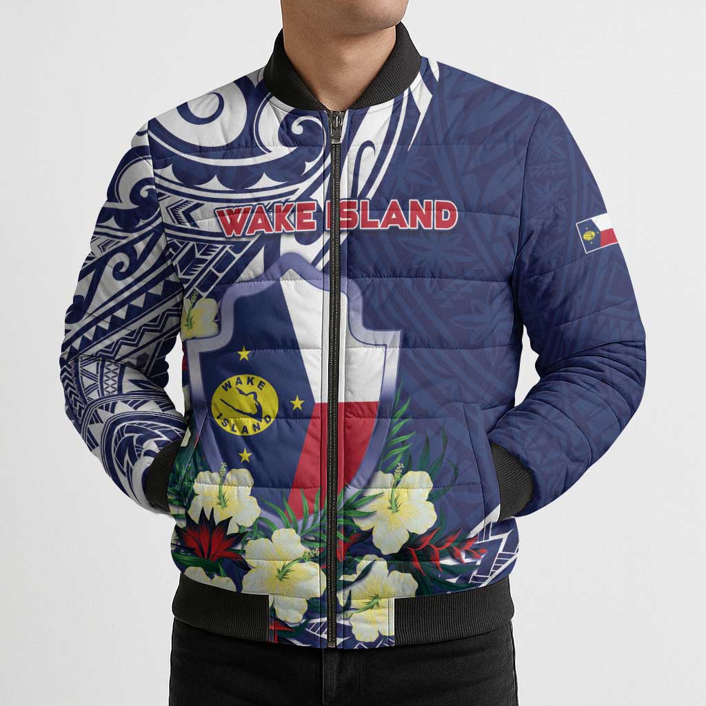 Personalised Wake Island Bomber Puffer Jacket Tribal Pattern With Hibiscus Flowers