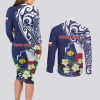 Personalised Wake Island Couples Matching Long Sleeve Bodycon Dress and Long Sleeve Button Shirt Tribal Pattern With Hibiscus Flowers