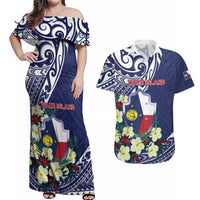 Personalised Wake Island Couples Matching Off Shoulder Maxi Dress and Hawaiian Shirt Tribal Pattern With Hibiscus Flowers LT05 Blue - Polynesian Pride