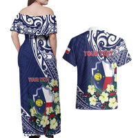 Personalised Wake Island Couples Matching Off Shoulder Maxi Dress and Hawaiian Shirt Tribal Pattern With Hibiscus Flowers LT05 - Polynesian Pride