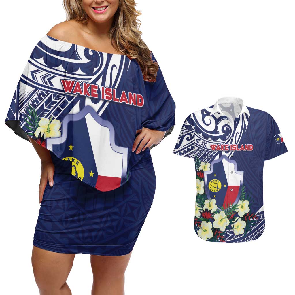 Personalised Wake Island Couples Matching Off Shoulder Short Dress and Hawaiian Shirt Tribal Pattern With Hibiscus Flowers