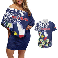 Personalised Wake Island Couples Matching Off Shoulder Short Dress and Hawaiian Shirt Tribal Pattern With Hibiscus Flowers